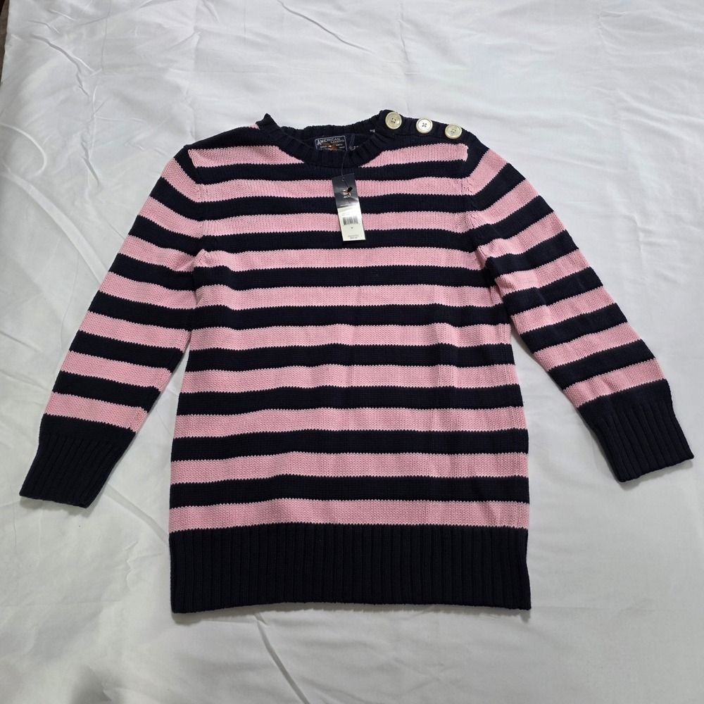 American Living Womens Navy Pink Striped Cotton Button Shoulder Sweater Medium